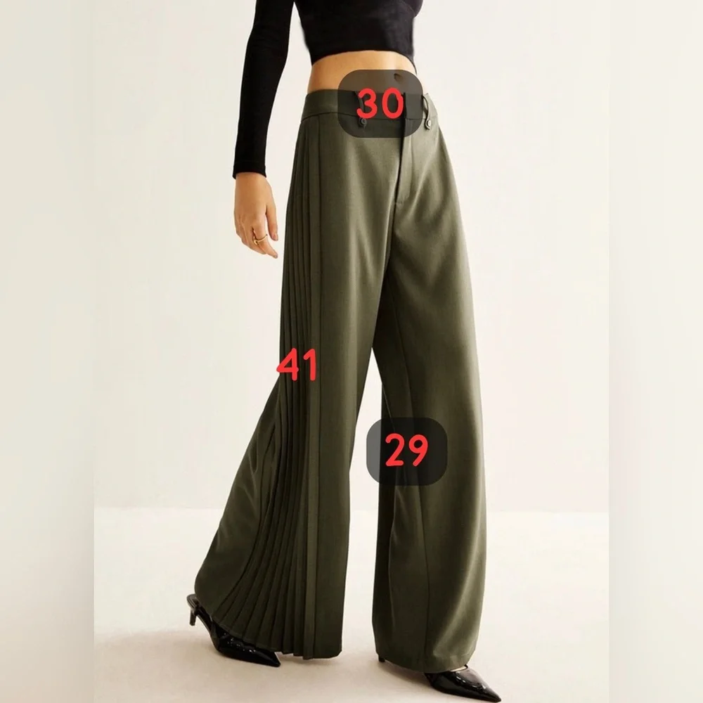 Commense Wide Leg Pleated ArmyGreen Trousers High Waist Palazzo Pants size S - Picture 15 of 15